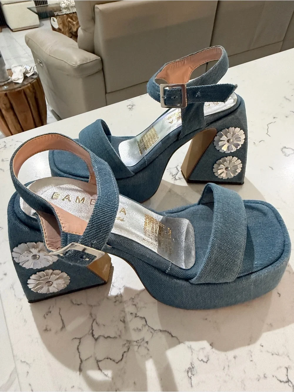 BAMBINA Denim Blue Floral Platform Block Sandals